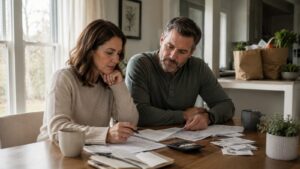 A couple sits together at a dining table in a bright, sunlit home, reviewing bills, receipts, and a household budget. With notebooks, a calculator, and coffee mugs nearby, they thoughtfully discuss their finances in a calm and organized setting, illustrating financial planning, rising living costs, and shared money management.
