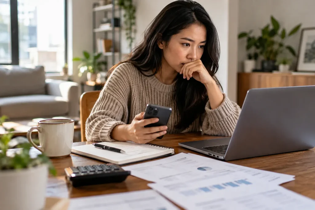 Woman reviewing personal finances on a laptop and smartphone with budgeting papers, calculator, and notebook on a home office desk.