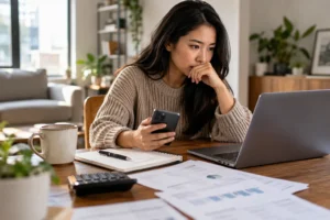 Woman reviewing personal finances on a laptop and smartphone with budgeting papers, calculator, and notebook on a home office desk.